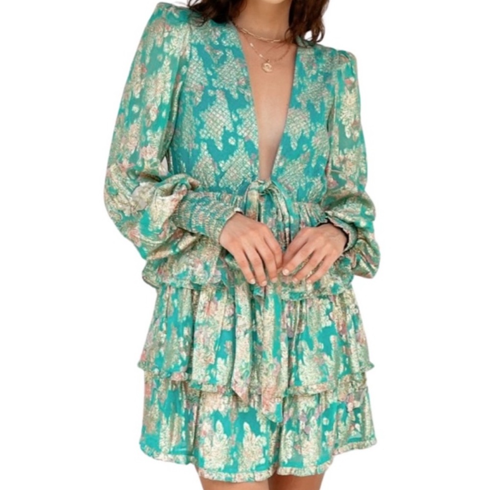 HEMANT & NANDITA Teal Floral Tiered Mini Dress